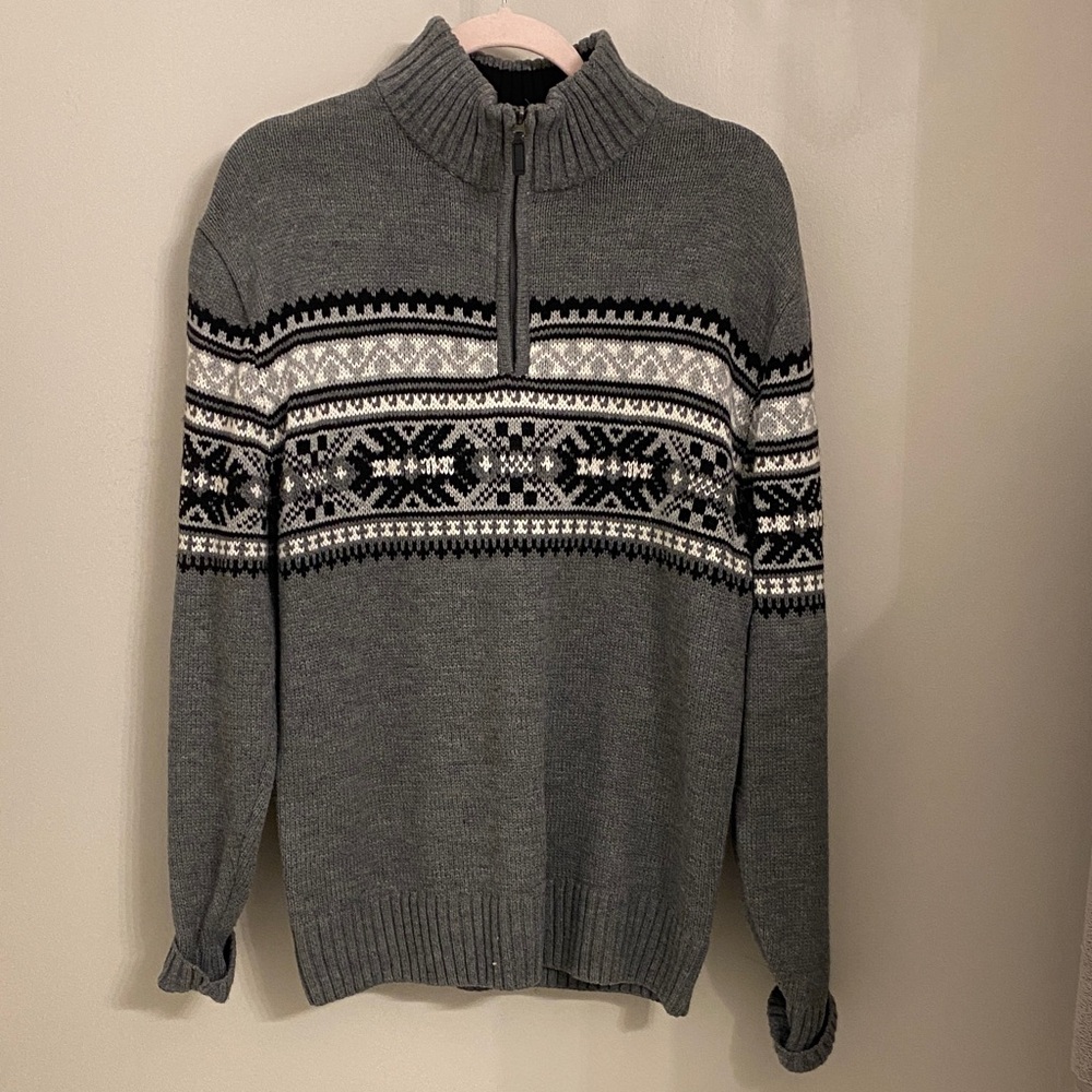 Men's Gray Nordic Pattern Zip-Up Sweater